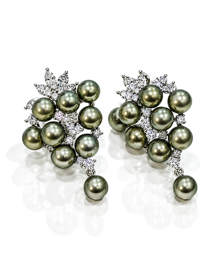 Smoky Grey Pearl & Crystal Floral Cluster Earrings