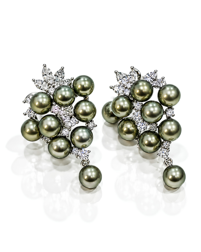 Smoky Grey Pearl & Crystal Floral Cluster Earrings