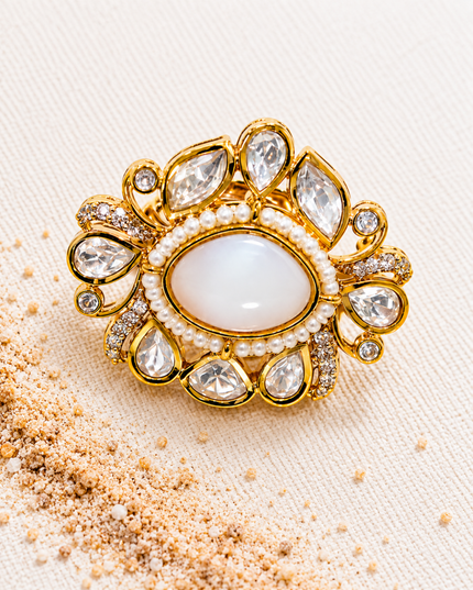 Noor-e-Chand Gold Plated Pearl & Kundan Statement Ring
