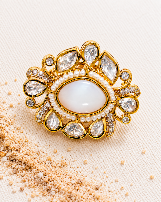 Noor-e-Chand Gold Plated Pearl & Kundan Statement Ring
