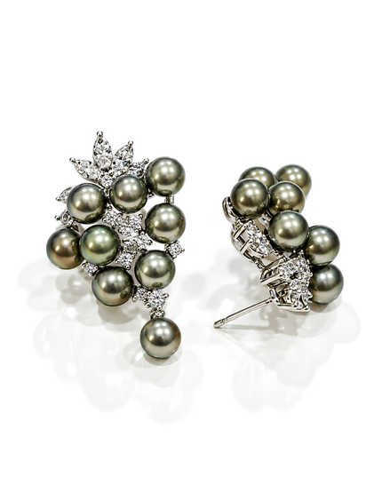 Smoky Grey Pearl & Crystal Floral Cluster Earrings