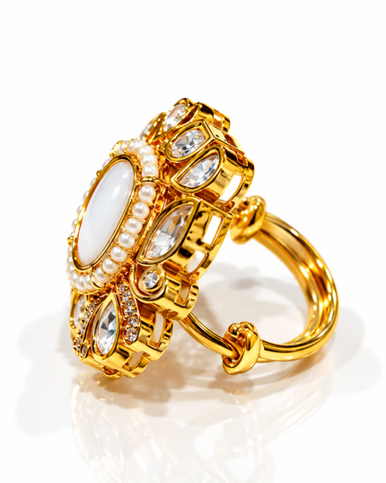 Noor-e-Chand Gold Plated Pearl & Kundan Statement Ring