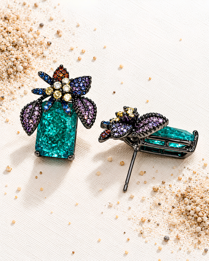 Turquoise Blue Multicolour Floral Crystal Statement Earrings