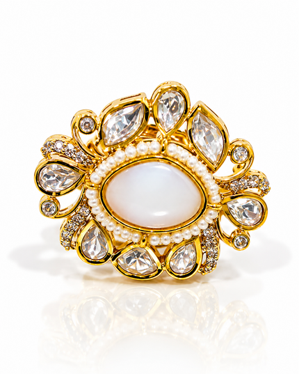Noor-e-Chand Gold Plated Pearl & Kundan Statement Ring