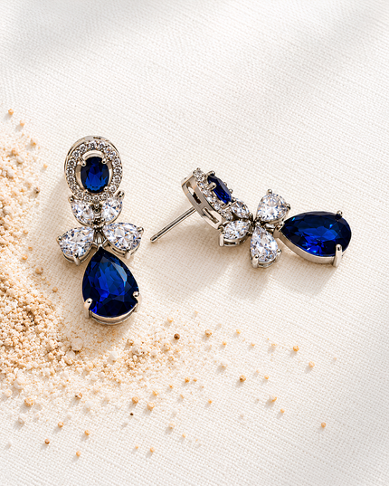 Royal Sapphire Blue Crystal Floral Drop Earrings