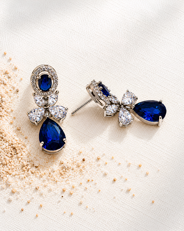 Royal Sapphire Blue Crystal Floral Drop Earrings