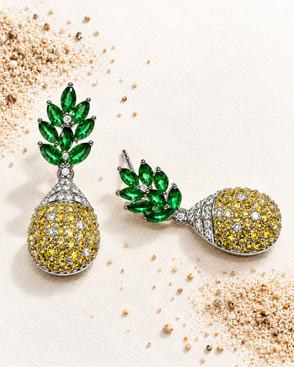 Emerald Green Leaf & Golden Crystal Drop Earrings