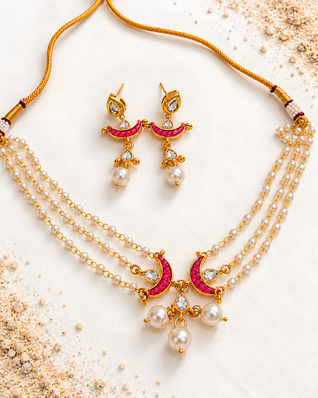 Gulika Ruby Pink Crescent & Pearl Necklace Set