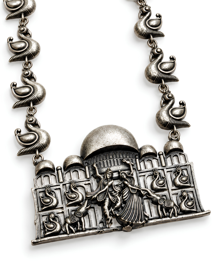 Raasa Oxidised Silver Radha Krishna Peacock Statement Necklace