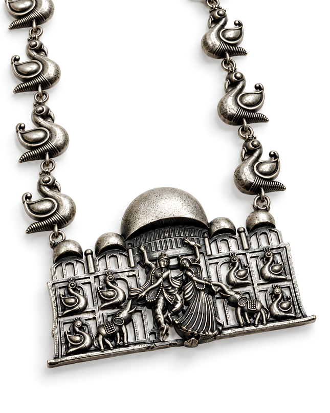 Raasa Oxidised Silver Radha Krishna Peacock Statement Necklace