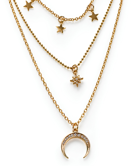 Celestia Gold Plated Triple Layer Star & Crescent Moon Necklace
