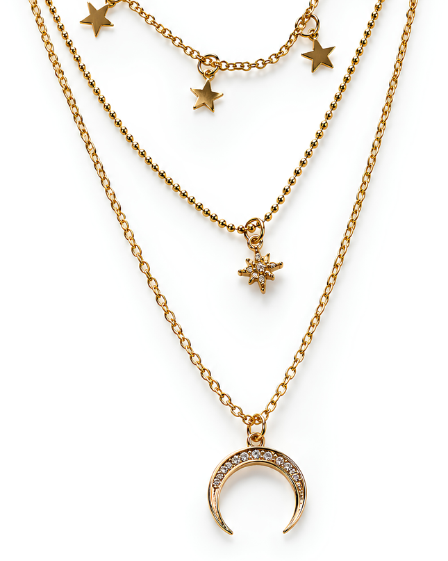 Celestia Gold Plated Triple Layer Star & Crescent Moon Necklace