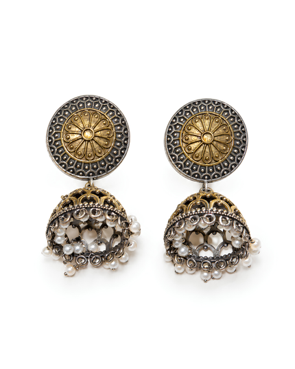 Rama Collection Antique Gold Silver Pearl Jhumka Earrings