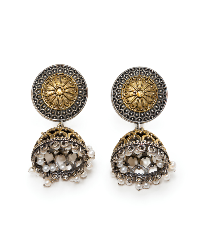 Rama Collection Antique Gold Silver Pearl Jhumka Earrings