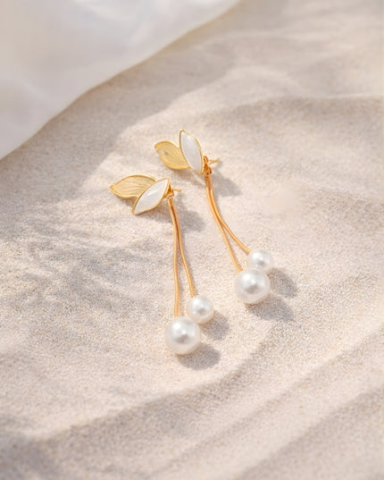 Mini Jewels Golden Leaf Pearl Drop Earrings