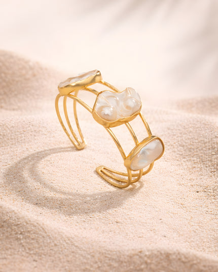 Gold-Tone Pearl Cluster Open Cuff Bracelet