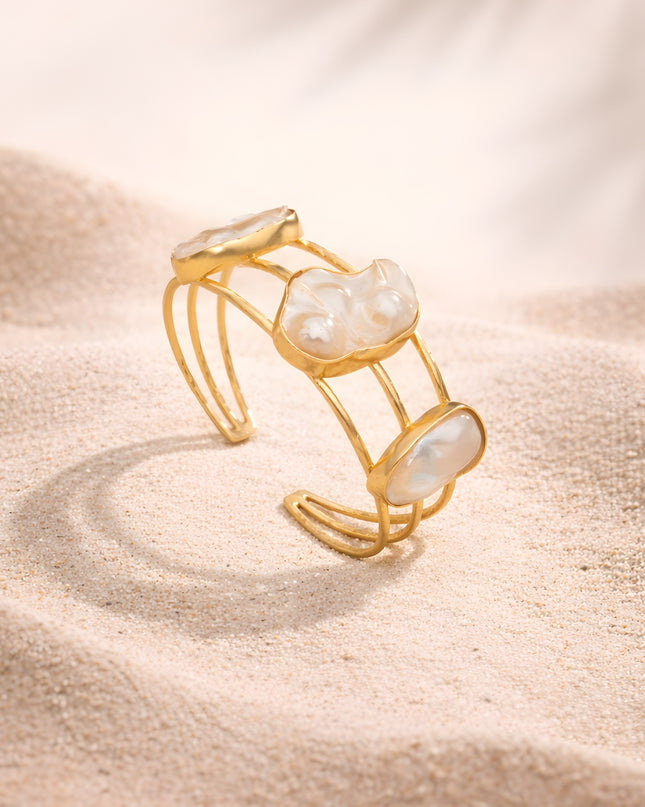 Gold-Tone Pearl Cluster Open Cuff Bracelet