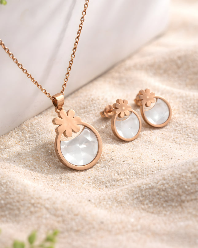 Blush Bloom Set – Floral Round Pendant Necklace & Earrings