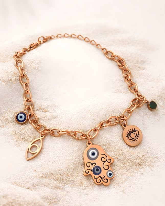 Rose Gold Hamsa Evil Eye Charm Bracelet