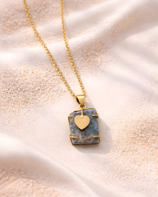 Blue Stone Heart Charm Necklace – Gold Chain | Raw Crystal Pendant