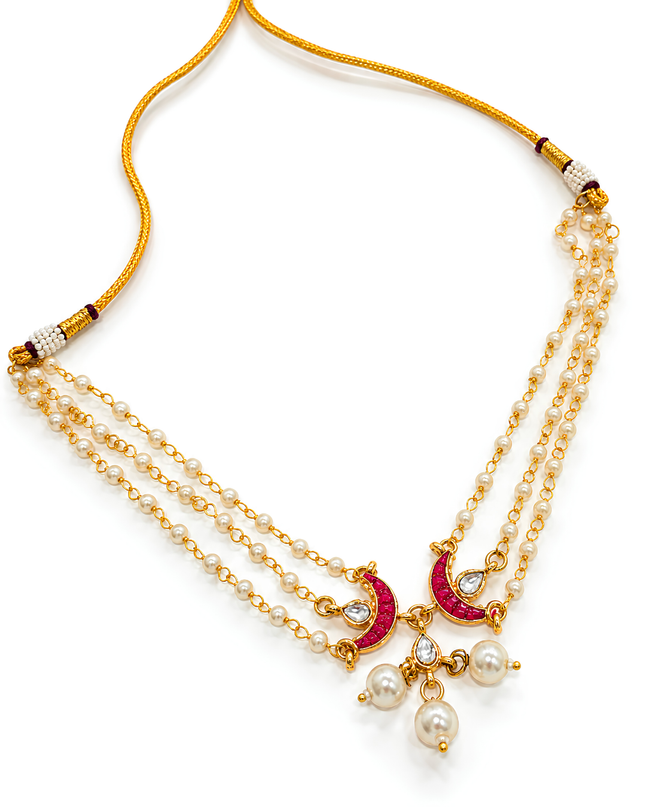 Gulika Ruby Pink Crescent & Pearl Necklace Set