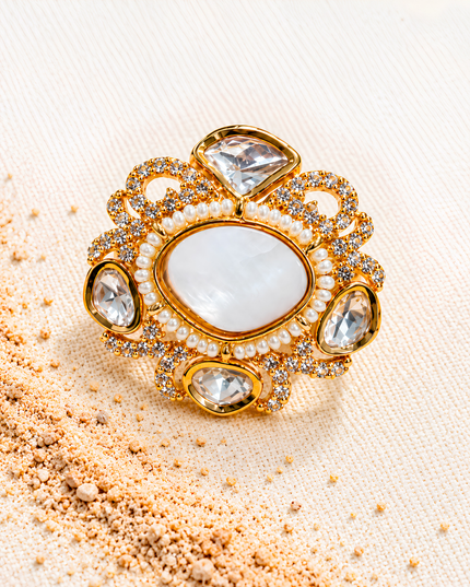 Noor Mahal Gold Plated Pearl & Kundan Statement Ring