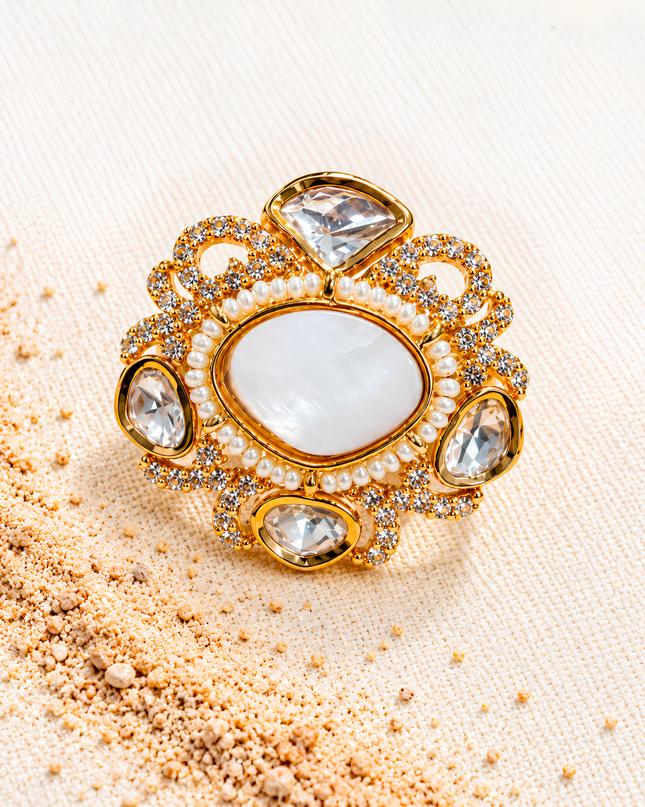 Noor Mahal Gold Plated Pearl & Kundan Statement Ring