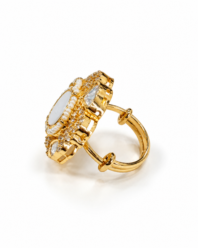 Noor Mahal Gold Plated Pearl & Kundan Statement Ring