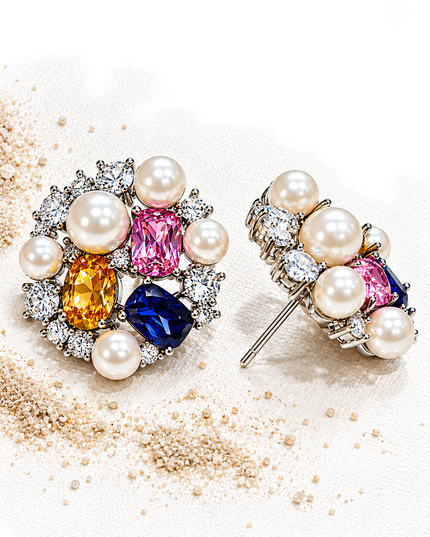 Multicolour Crystal & Pearl Statement Stud Earrings