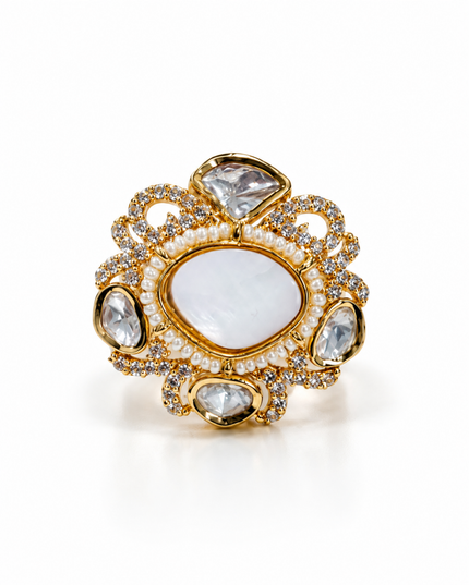 Noor Mahal Gold Plated Pearl & Kundan Statement Ring