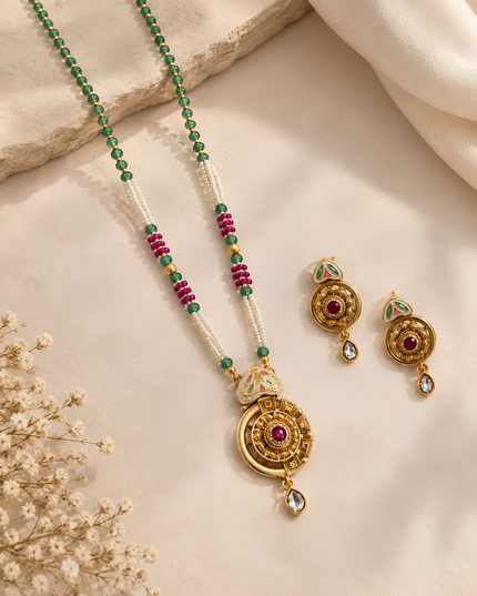 Treasure Green Beaded Temple Necklace Set