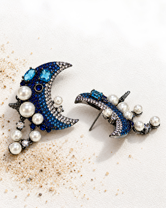 Celestial Blue Crystal Moon & Pearl Statement Earrings