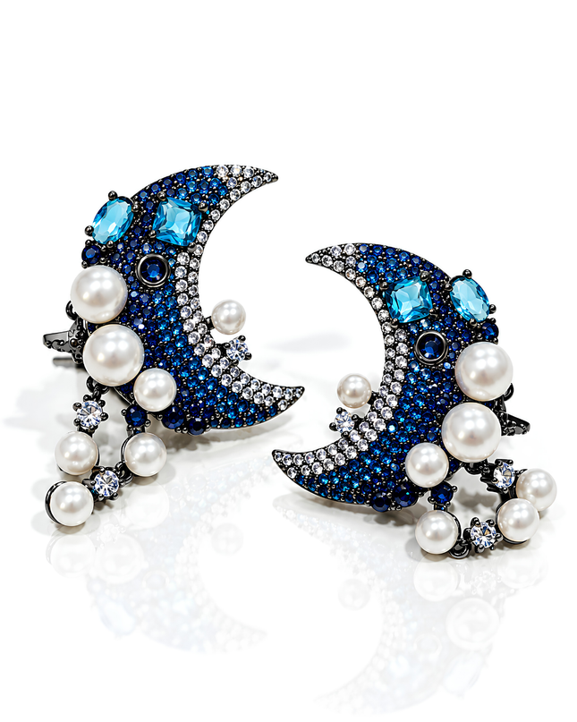 Celestial Blue Crystal Moon & Pearl Statement Earrings