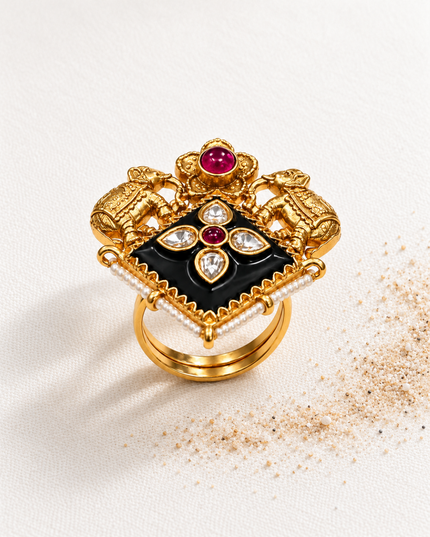 Rajvansh Gold Plated Royal Elephant Statement Ring