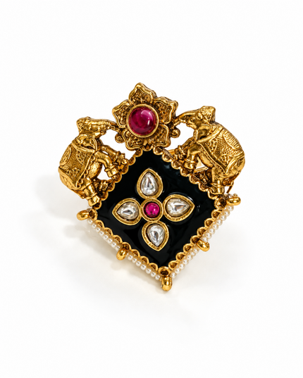 Rajvansh Gold Plated Royal Elephant Statement Ring