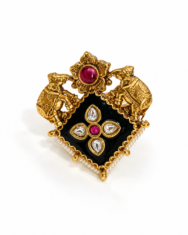 Rajvansh Gold Plated Royal Elephant Statement Ring