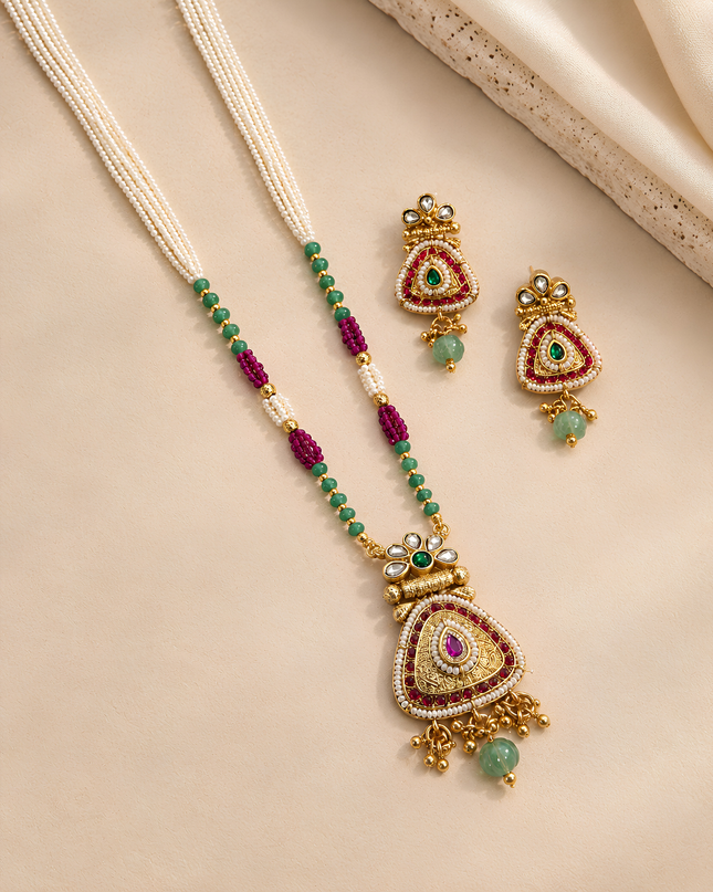 Royal Emerald & Ruby Pearl Necklace Set