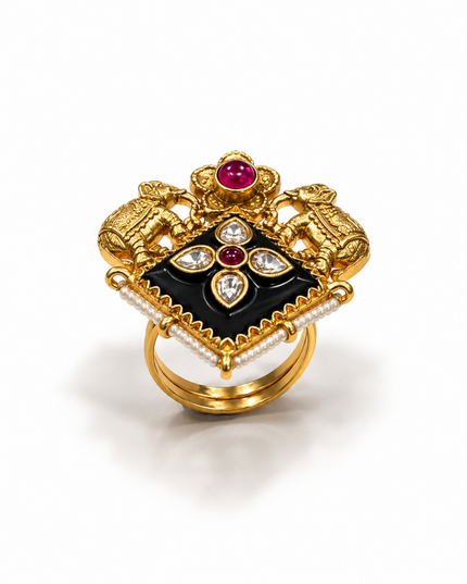 Rajvansh Gold Plated Royal Elephant Statement Ring