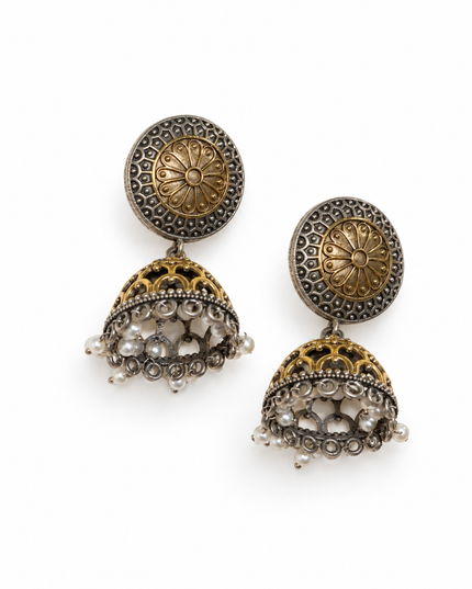 Rama Collection Antique Gold Silver Pearl Jhumka Earrings