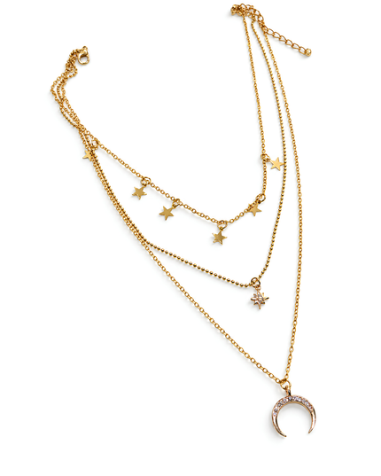 Celestia Gold Plated Triple Layer Star & Crescent Moon Necklace