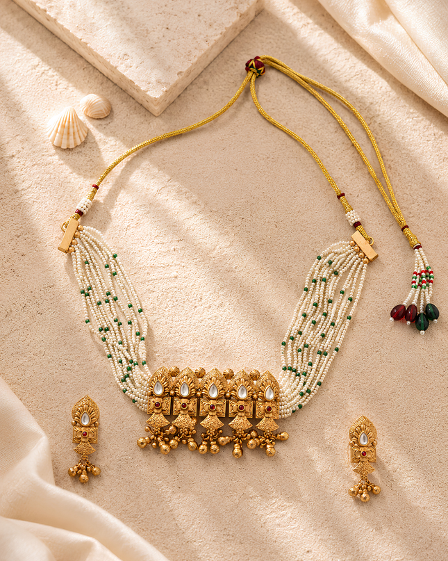 Traditional Pearl & Green Beaded Necklace Set