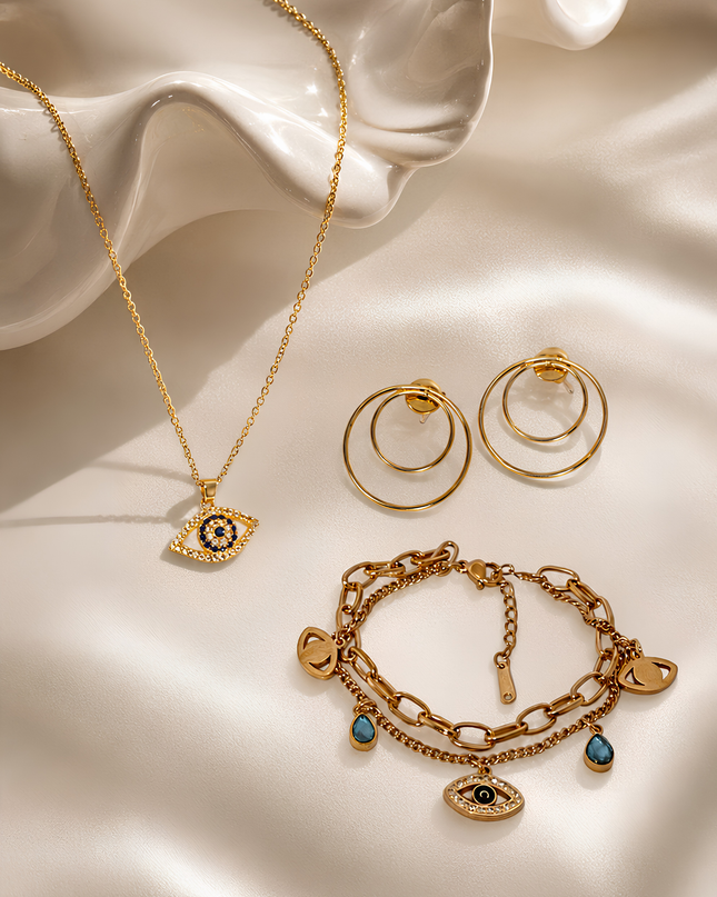 Rakhi Combo Collection – Nazar Chain, Evil Eye Bracelet & Hoop Earrings Gift Set