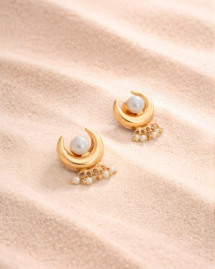 Golden Crescent Pearl Charm Earrings