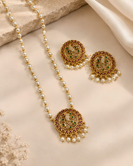 Pearl Floral Ruby & Emerald Necklace Set