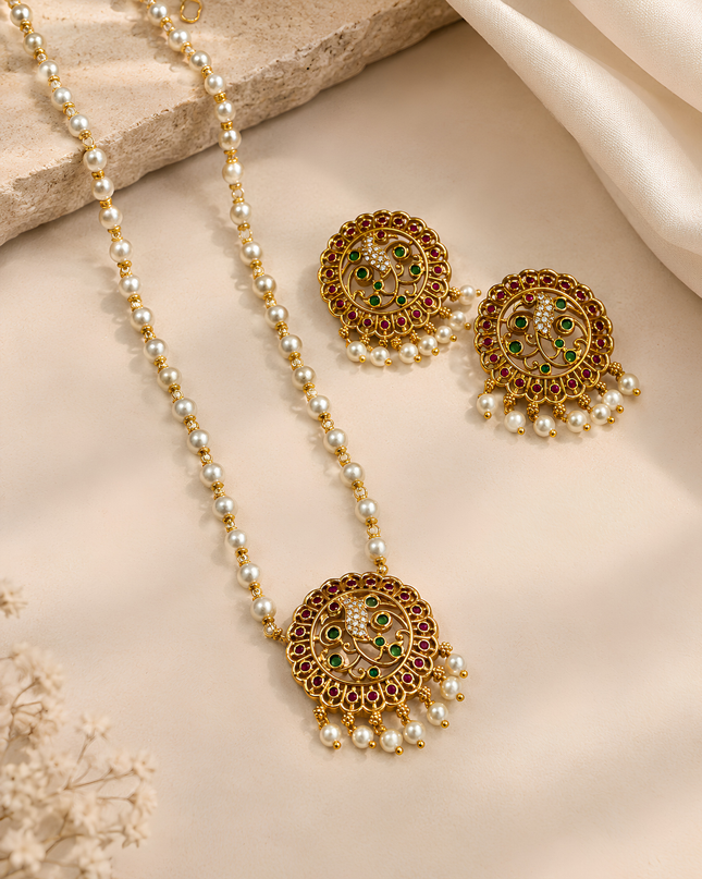 Pearl Floral Ruby & Emerald Necklace Set