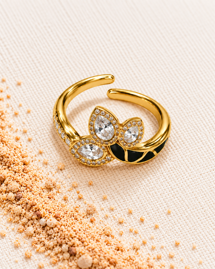 Elina Gold Plated Black Enamel Crystal Adjustable Ring