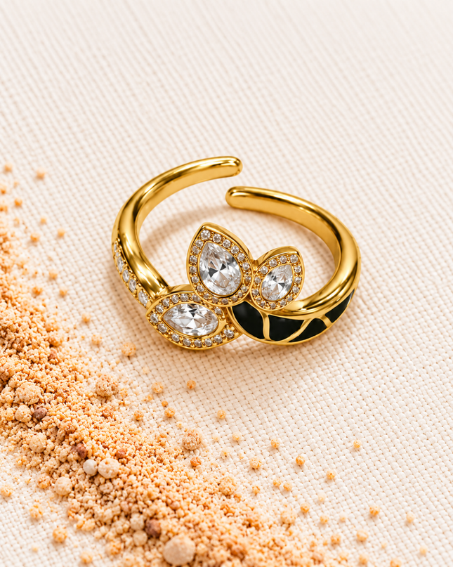 Elina Gold Plated Black Enamel Crystal Adjustable Ring
