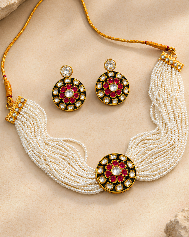 Ruby Lotus Pearl Necklace Set