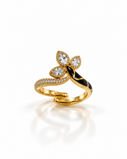 Elina Gold Plated Black Enamel Crystal Adjustable Ring