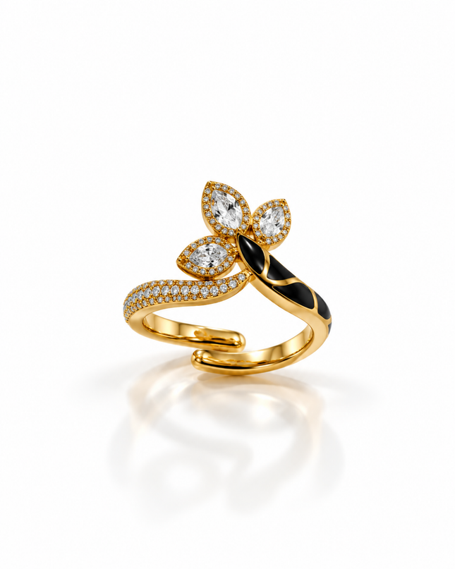 Elina Gold Plated Black Enamel Crystal Adjustable Ring